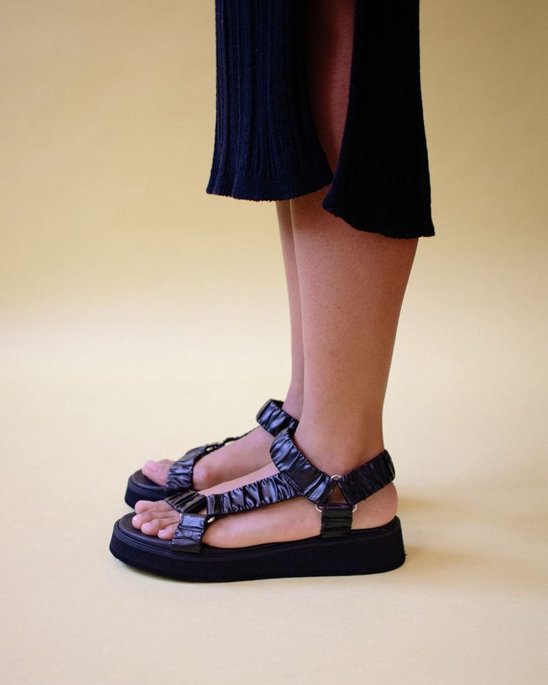 Sandales Alohas Plissé Noir Femme | APP-71484399