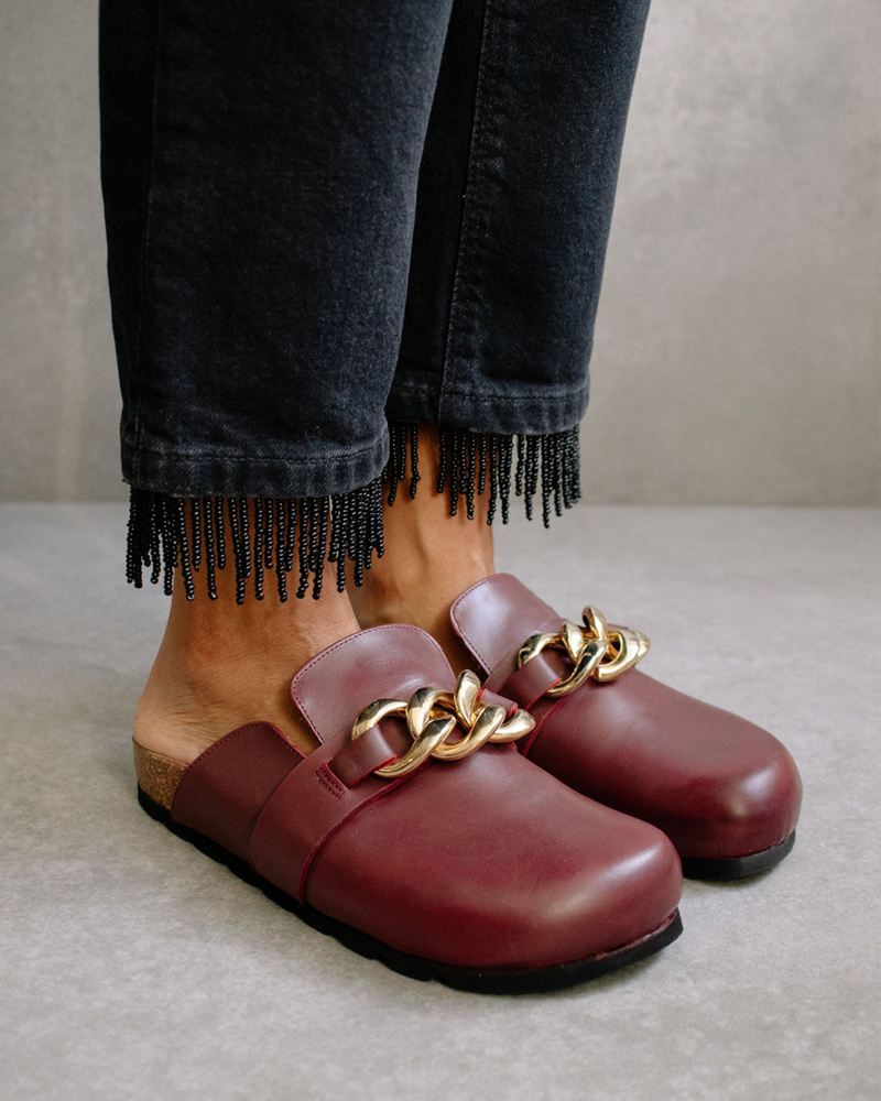 Mules Alohas Fireside Chain Cuir Bordeaux Femme | MKA-44540465