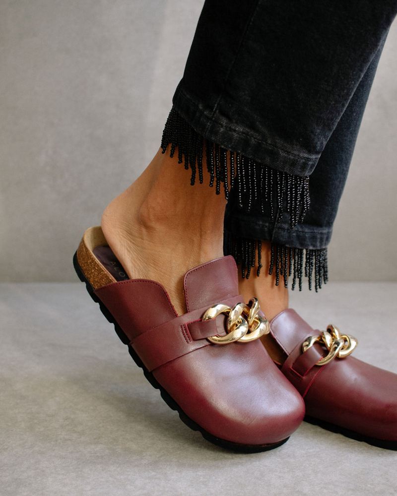 Mules Alohas Fireside Chain Cuir Bordeaux Femme | MKA-44540465