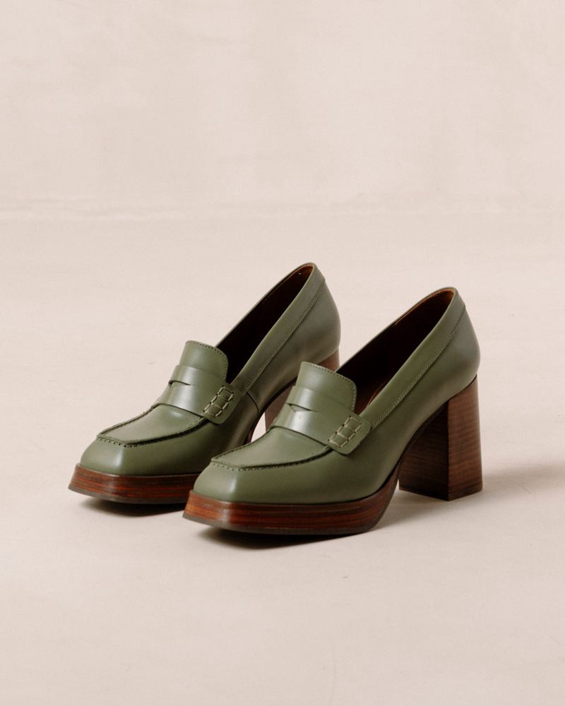 Loafers Alohas Busy Cuir Vert Olive Femme | YAC-56331575