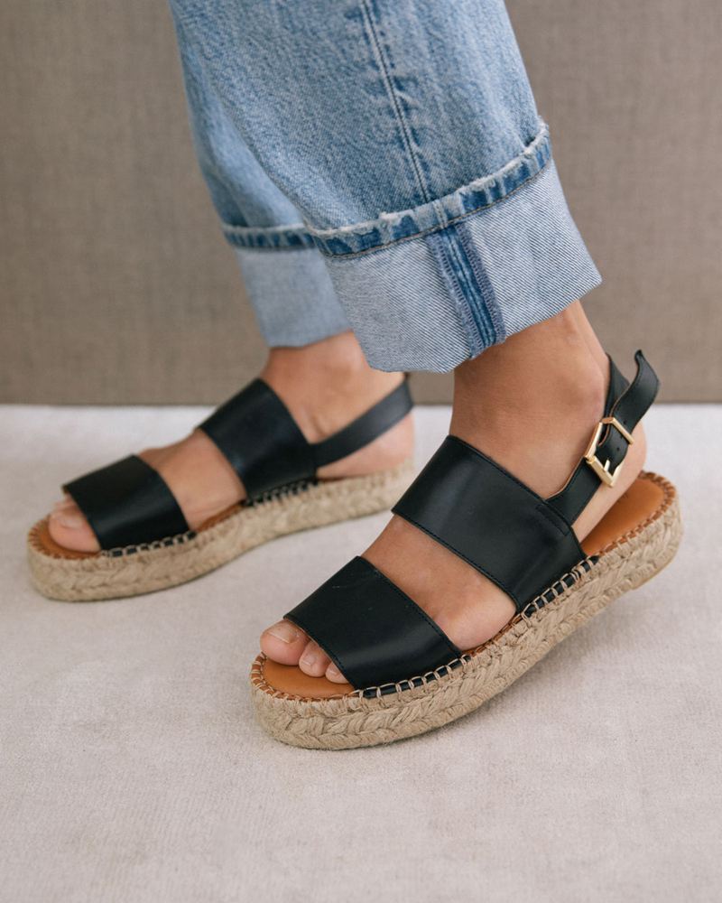 Espadrillas Alohas Double Strap Cuir Noir Femme | BWC-09272052