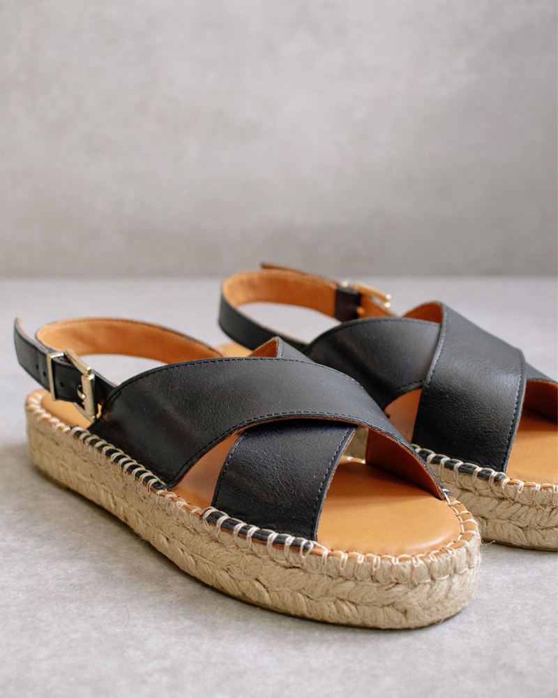 Espadrillas Alohas Crossed Cuir Noir Femme | QWY-83504863