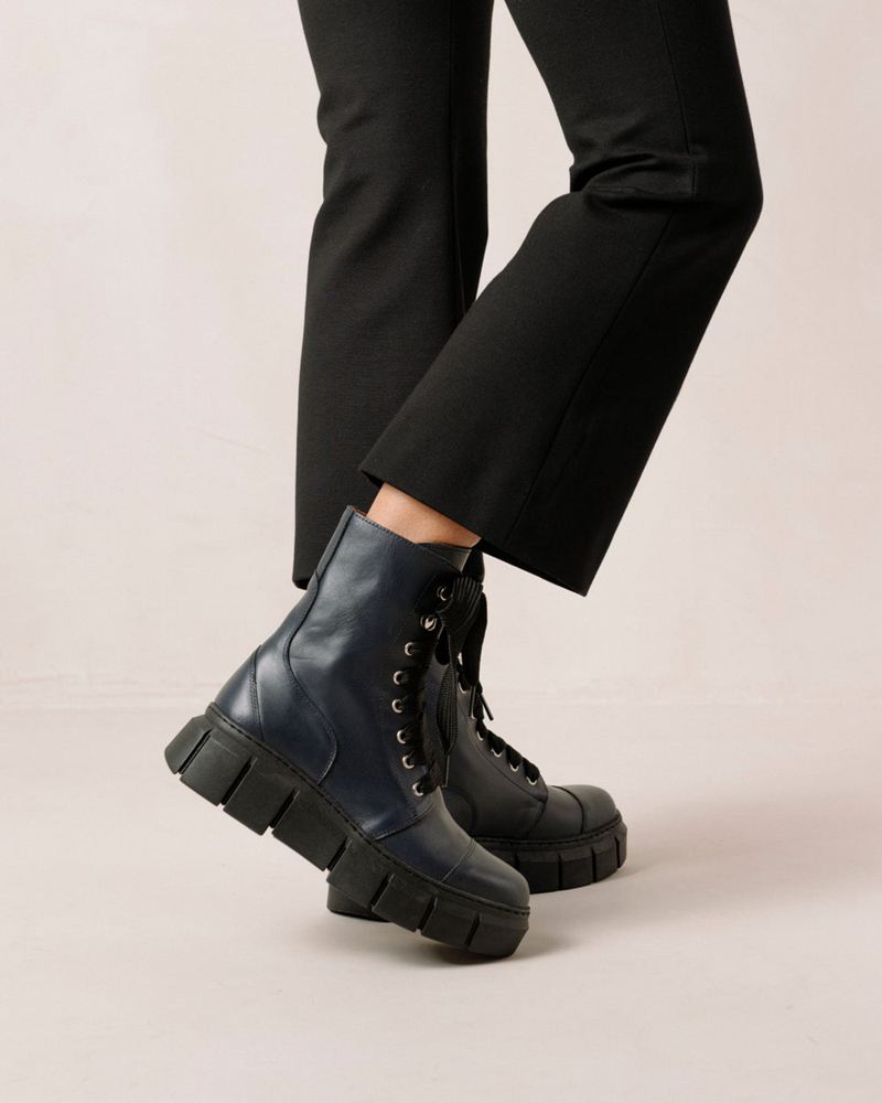 Bottes de combat Alohas Can Can Cuir Bleu Foncé Femme | NJY-84520667